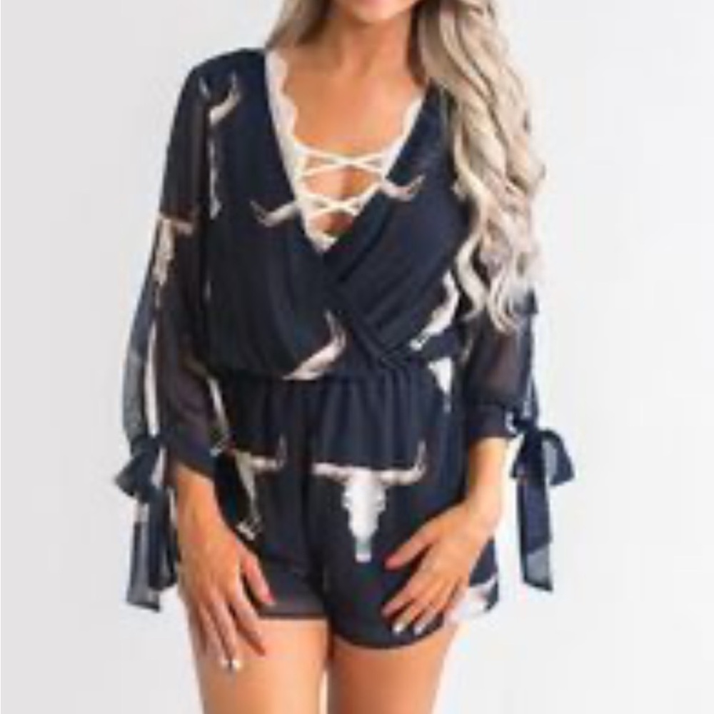 Black Romper with Bull Skull Print